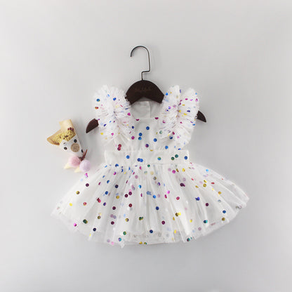 Baby Girl Confetti Dot Tulle Romper Dress – Flutter Sleeves & Rainbow Sequin Print, Sizes 0–3 Years