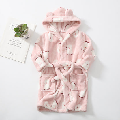 Kids' Hooded Fleece Bathrobe – Plush Flannel Robe with Pockets & Tie Belt, Cartoon Prints for Boys & Girls (2T–12 Years)