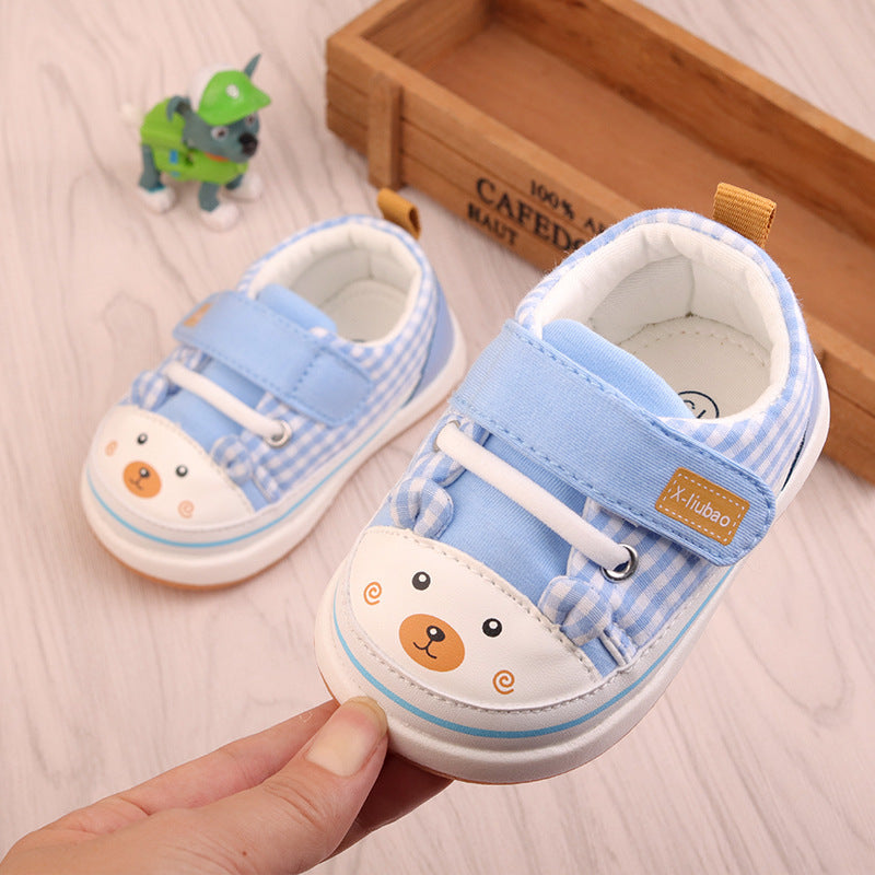 Plaid Canvas Baby Sneakers with Bear Face Toe Cap | Soft-Sole Pre-Walker in Blue, Red & Navy