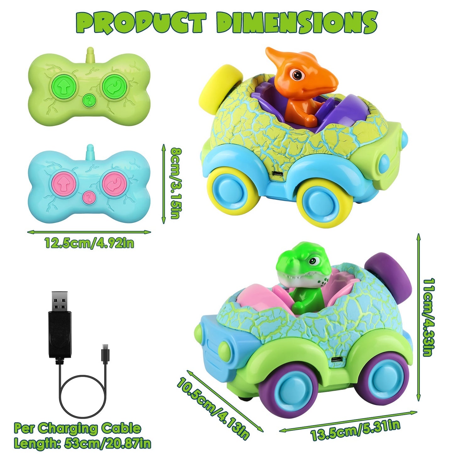 2-Pack Dinosaur RC Cars for Kids – Rechargeable Remote Control Cars with Lights & Music