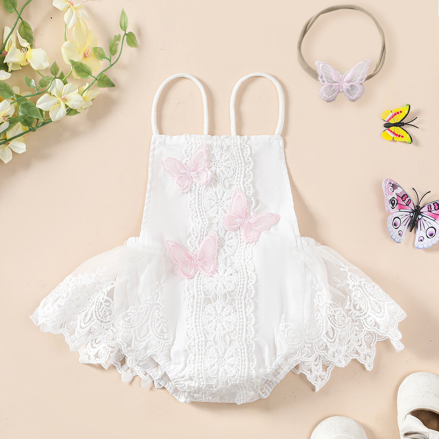 Baby Girl Butterfly Lace Romper Dress with Headband — Halter Neck Tutu Style