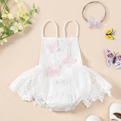 Baby Girl Butterfly Lace Romper Dress with Headband — Halter Neck Tutu Style