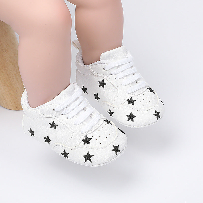 Star & Heart Embroidered White Leather Baby Sneakers | Soft-Sole Pre-Walker Crib Shoes