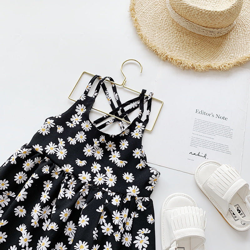 Girls' Black Daisy Print Cross-Back Sundress