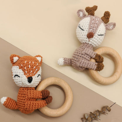 Handmade Crochet Fox & Deer Baby Teether Rattle – Wooden Ring Molar Toy