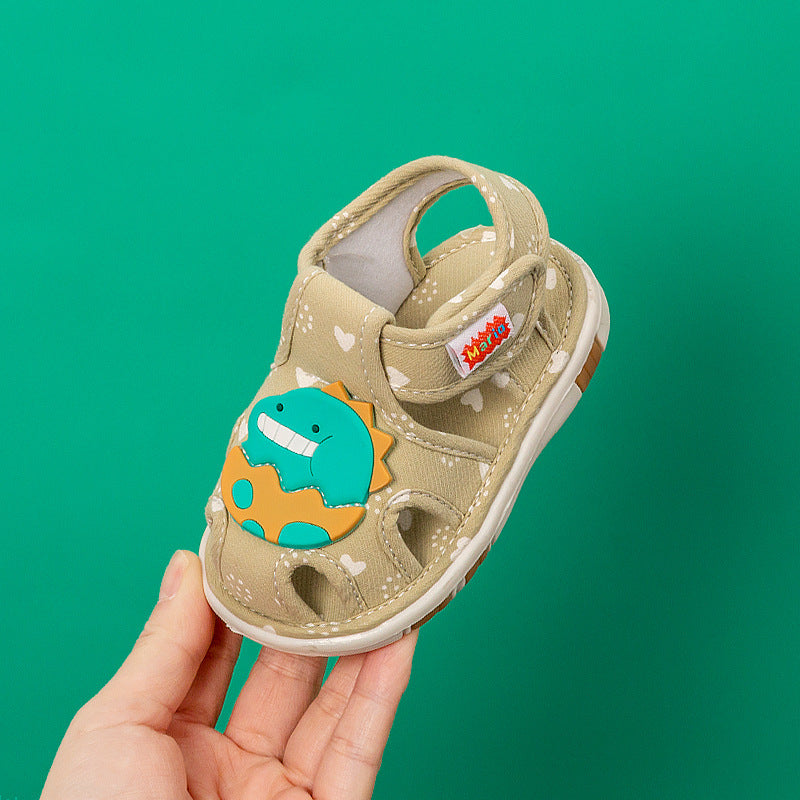 Heart-Print Canvas Baby Sandals with 3D Animal Appliqué | Closed-Toe Cutout Style in 4 Characters