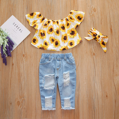 Sunflower 3-Piece Outfit Set for Girls (Top + Ripped Jeans + Bow Headband)