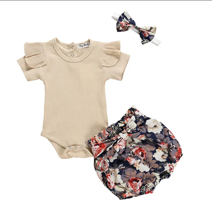 Baby Girl Ribbed Flutter-Sleeve Romper & Bow-Waist Bloomer Shorts Set — Floral, Plaid & Heart Prints