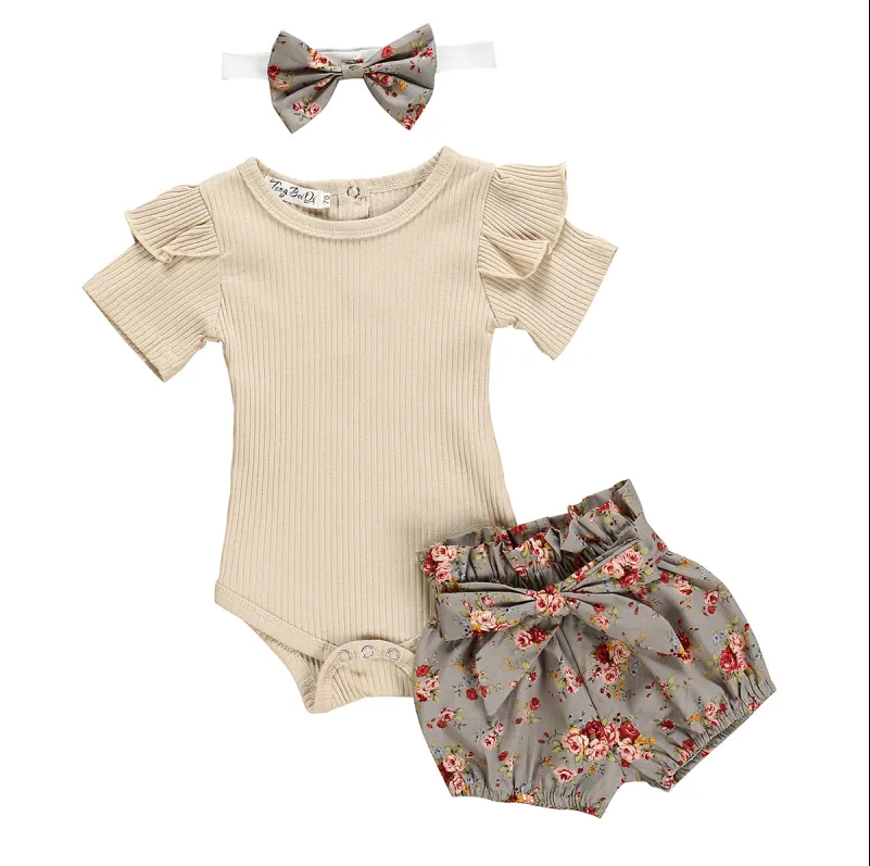 Baby Girl Ribbed Flutter-Sleeve Romper & Bow-Waist Bloomer Shorts Set — Floral, Plaid & Heart Prints