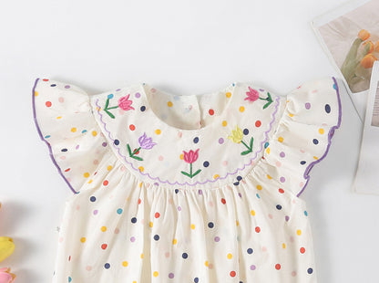 Embroidered Sailor Collar Flutter Romper – Baby Girl Floral & Polka Dot Summer Bubble Suit