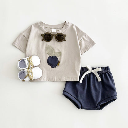 Baby & Toddler Fruit Appliqué Tee & Bloomer Shorts Set | Summer Cotton 2-Piece in Sage or Camel