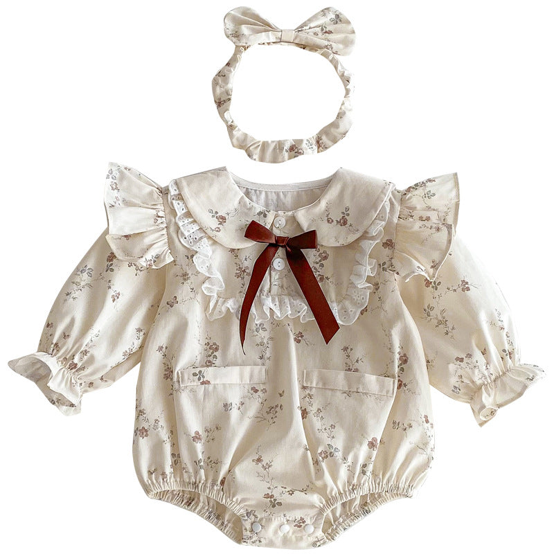 Vintage Floral Lace-Collar Romper or Dress Set with Headband – Baby & Toddler Girl