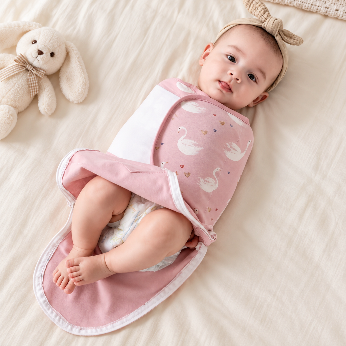 Cartoon Print Cotton Baby Swaddle Wrap with Adjustable Velcro & Zipper