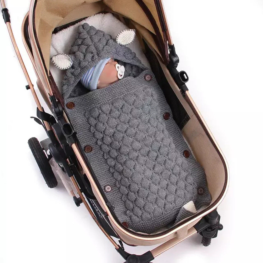 Fox Knit Baby Swaddle Blanket with Hood & Ears – Cozy Pram Sleeping Bag (0–12 Months)
