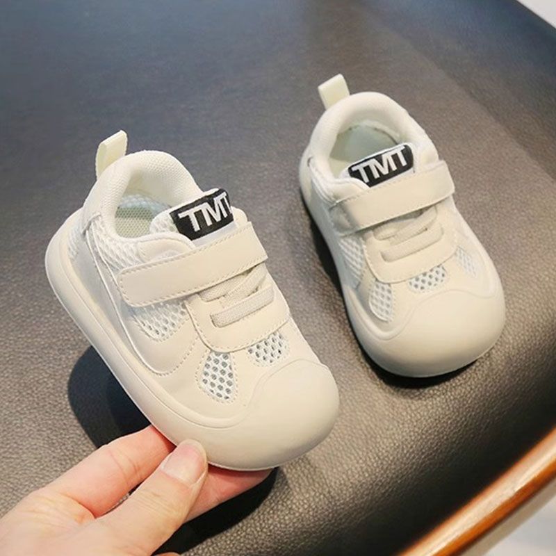 Clean-Panel Mesh Baby Sneakers with Letter Strap Tab | Breathable Velcro Shoes in White & Black