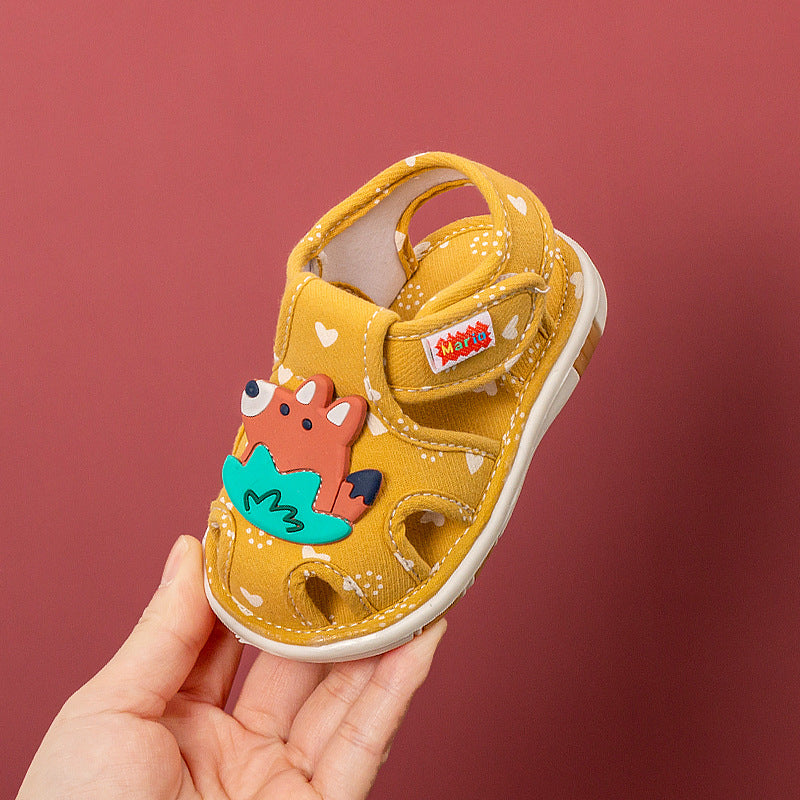 Heart-Print Canvas Baby Sandals with 3D Animal Appliqué | Closed-Toe Cutout Style in 4 Characters