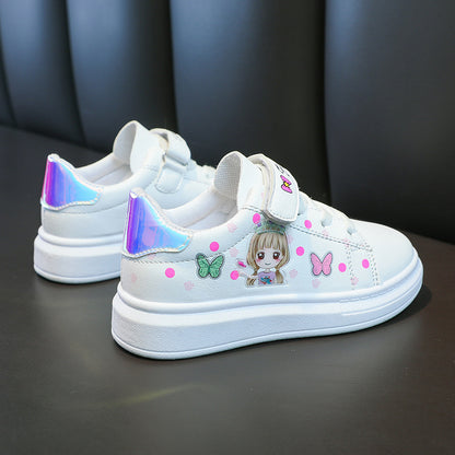 Girls White Cartoon Sneakers – Breathable Casual Shoes with Non-Slip Rubber Sole