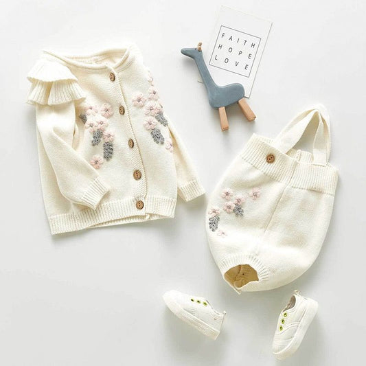 Baby Floral Embroidered Knit Romper & Cardigan Set – Cozy Autumn Outfit