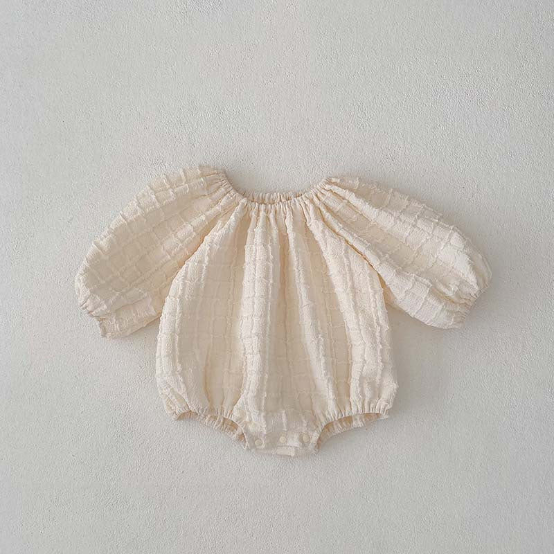 Girls' Textured Puff-Sleeve Romper & Dress Set – Soft Cotton Plaid for Babies & Toddlers