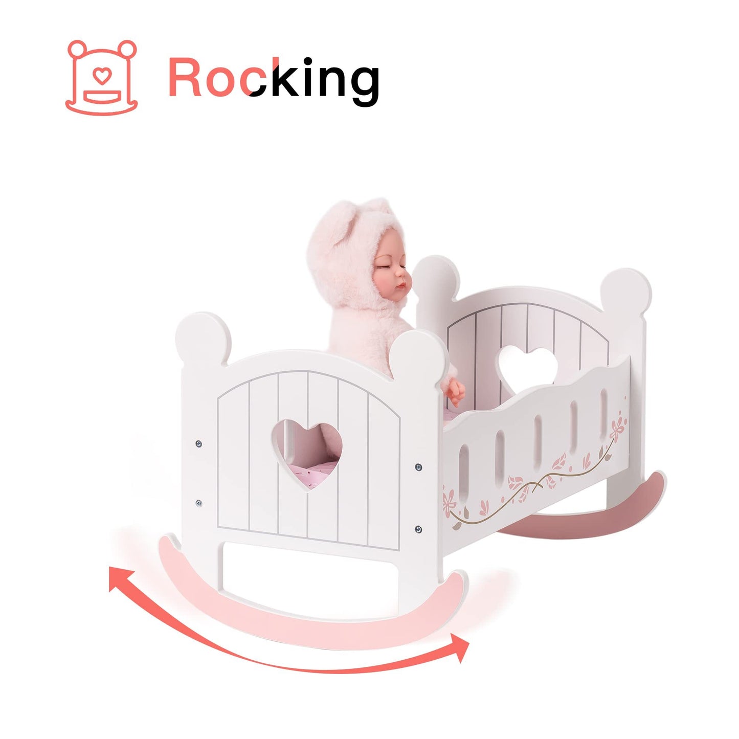 ROBOTIME Wooden Doll Cradle – Rocking Reversible Doll Bed (Fits Dolls up to 18")