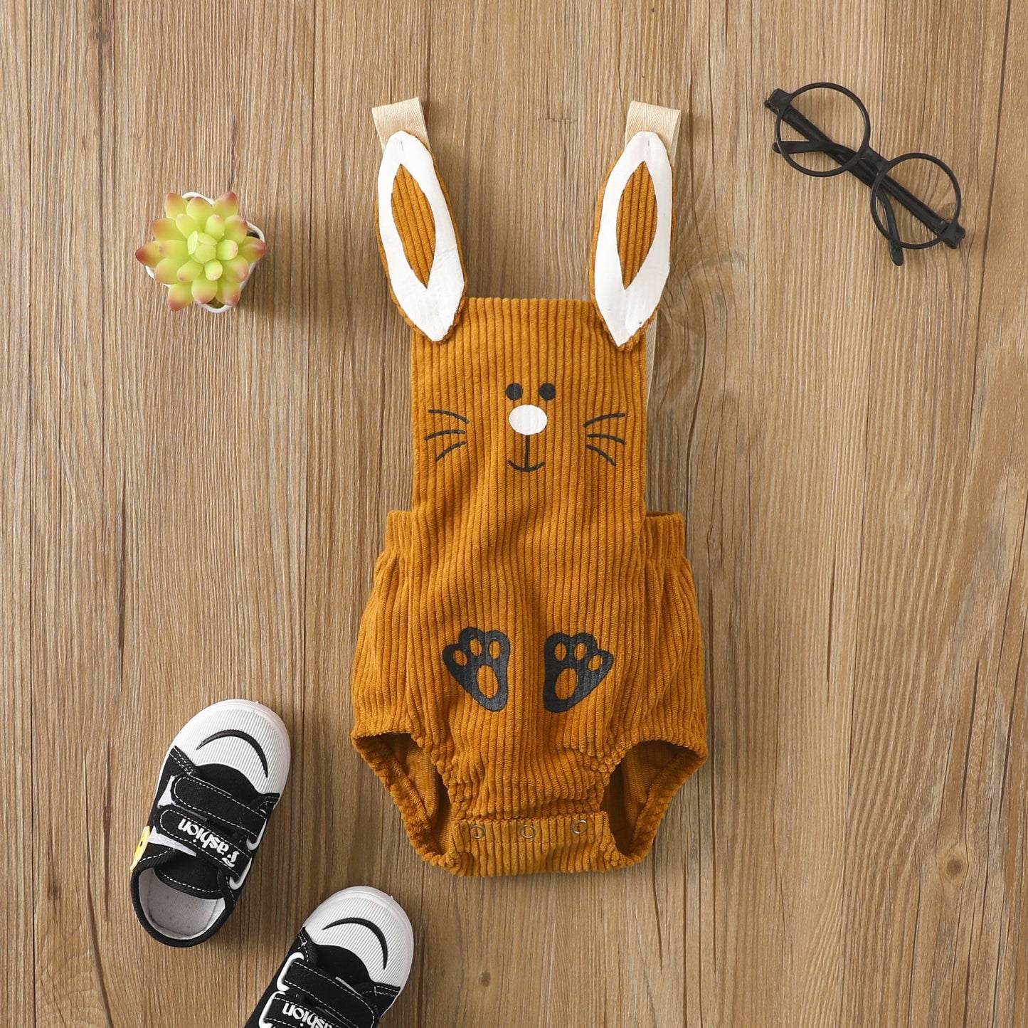 Baby Corduroy Bunny Romper with 3D Ear Straps | Snap-Close Sleeveless Bodysuit in Pink or Mustard