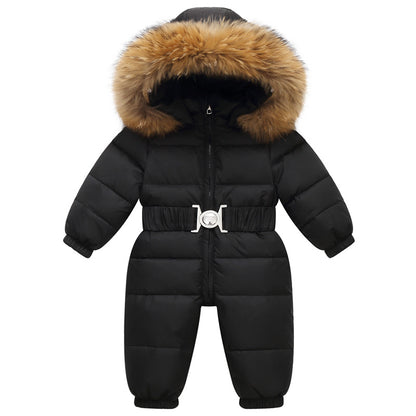 Girls’ Hooded Faux-Fur Snowsuit – Puffer-Style One-Piece Winter Jumpsuit with Belt