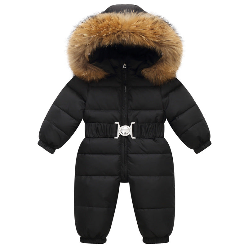 Girls’ Hooded Faux-Fur Snowsuit – Puffer-Style One-Piece Winter Jumpsuit with Belt