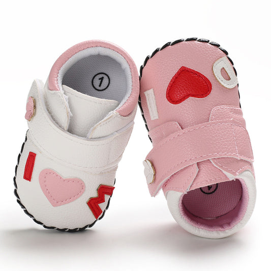 "I Love You" Heart & Letter Leather Baby Shoes – Soft Sole Velcro Sneakers for Baby Girls