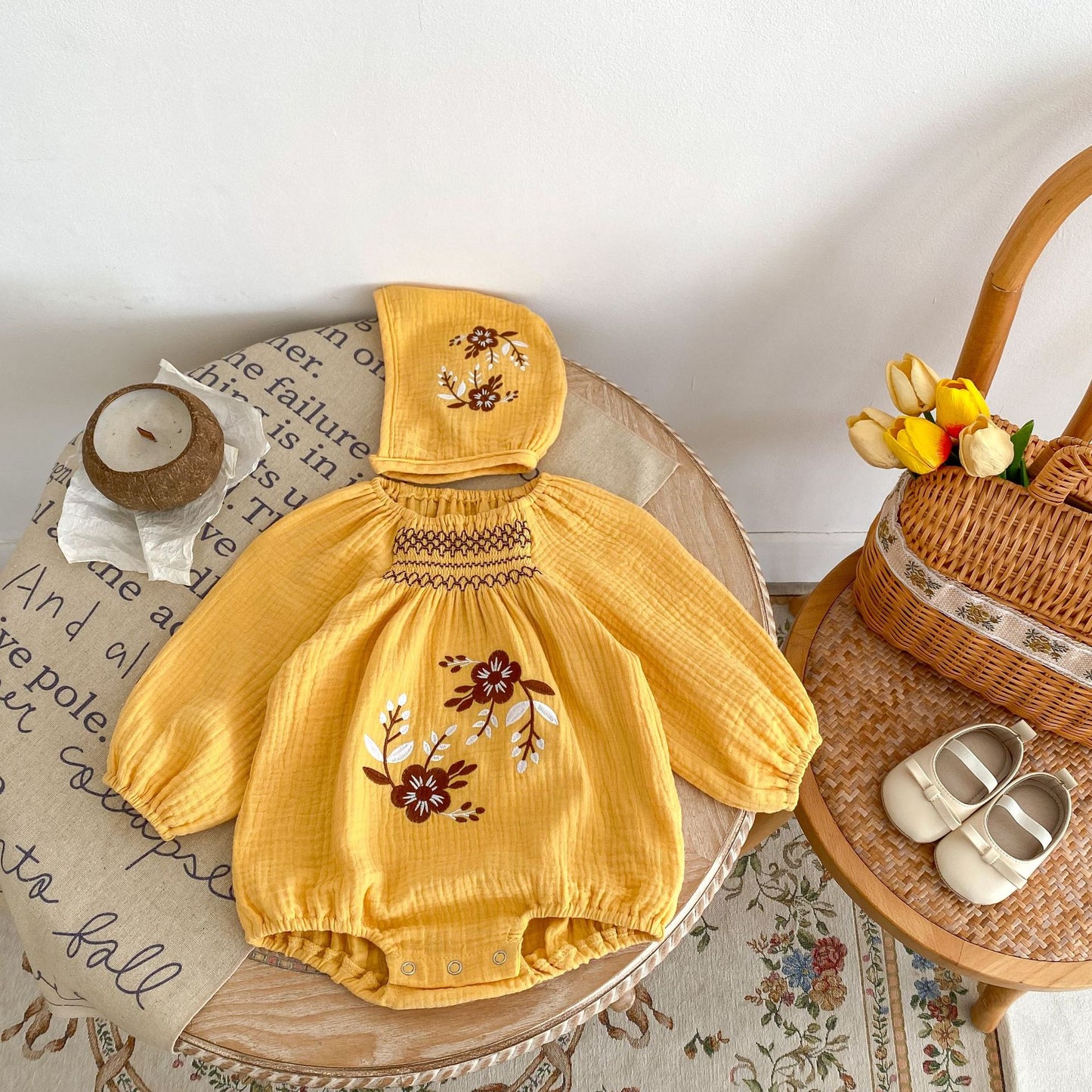 arigold Floral Embroidered Muslin Romper & Bonnet Set – Baby Girl