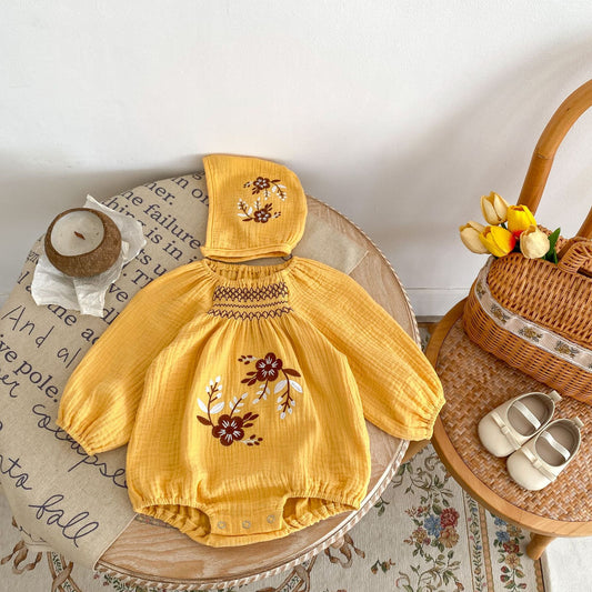 arigold Floral Embroidered Muslin Romper & Bonnet Set – Baby Girl