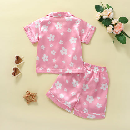 Toddler Girls' Satin Pajama Set – Floral Print Button-Front Short Sleeve Top & Shorts (12 Months–6 Years)