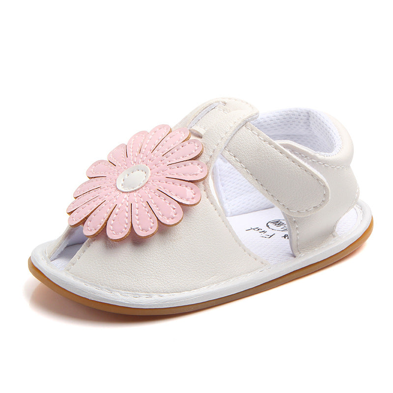 Oversized Daisy Appliqué Soft-Sole Baby Girl Sandals | Velcro Closure in White, Pink & Gold