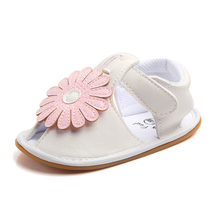 Oversized Daisy Appliqué Soft-Sole Baby Girl Sandals | Velcro Closure in White, Pink & Gold