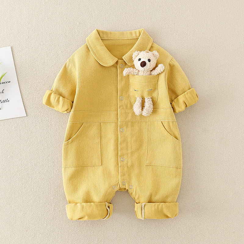 Baby Denim Jumpsuit with Teddy Bear – High-Quality Cotton Romper for Infants