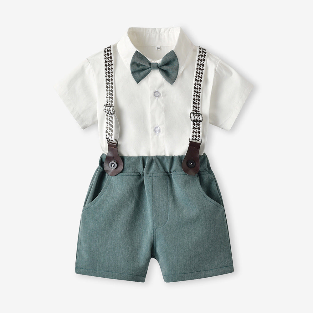 Toddler & Little Boys' White Shirt & Suspender Shorts Gentleman Set – Bow Tie & Houndstooth Braces, Sizes 3 Months–6 Years