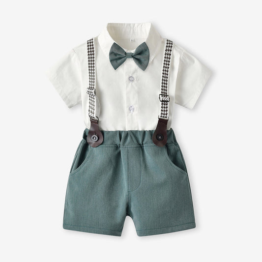 Toddler & Little Boys' White Shirt & Suspender Shorts Gentleman Set – Bow Tie & Houndstooth Braces, Sizes 3 Months–6 Years