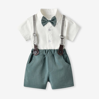 Toddler & Little Boys' White Shirt & Suspender Shorts Gentleman Set – Bow Tie & Houndstooth Braces, Sizes 3 Months–6 Years