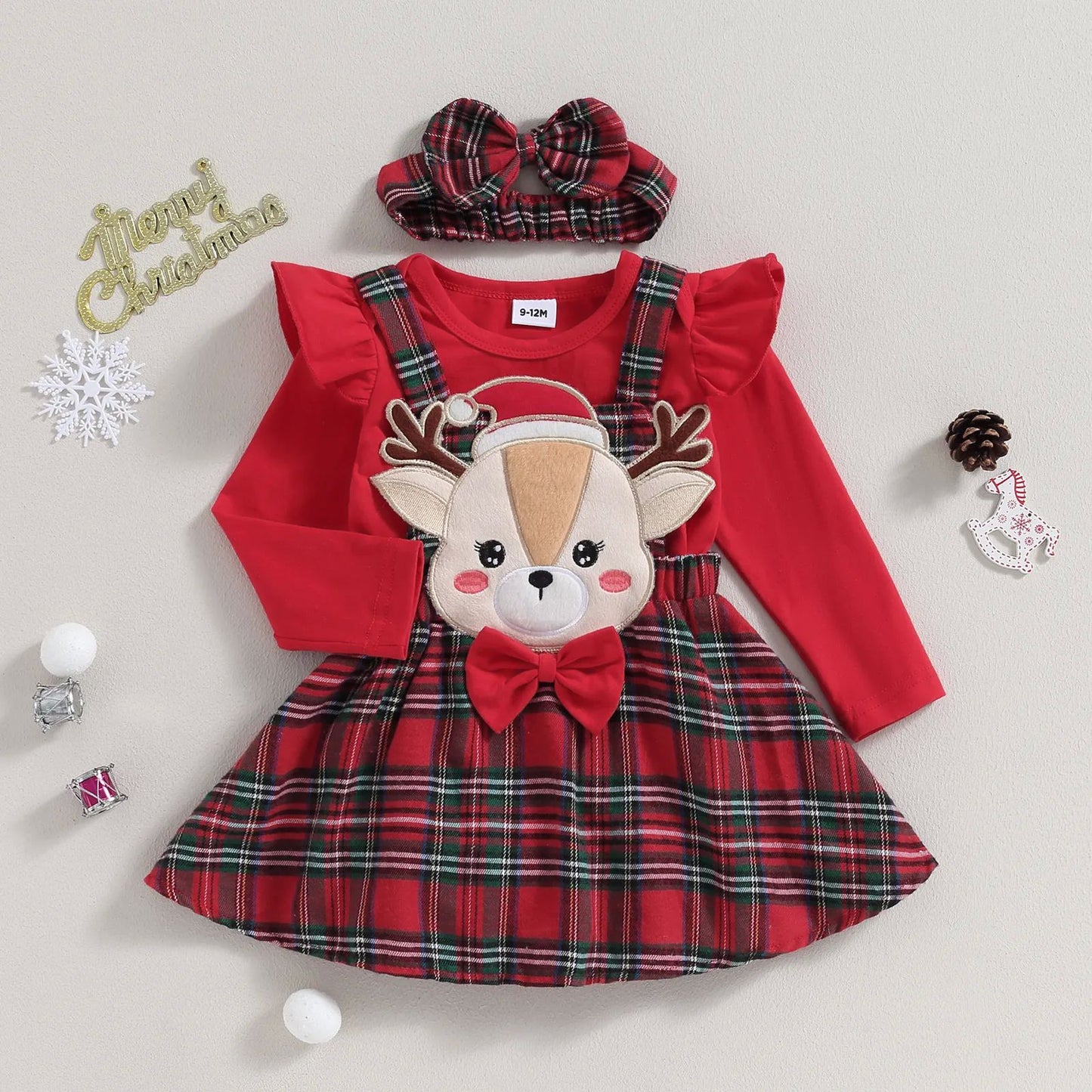 Baby Girl Christmas Ruffle Romper & Plaid Suspender Skirt Set with Headband