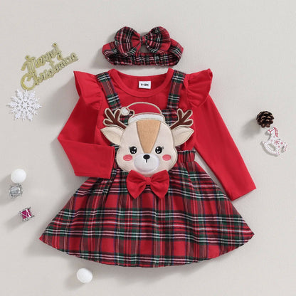 Baby Girl Christmas Ruffle Romper & Plaid Suspender Skirt Set with Headband