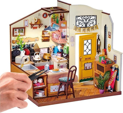 ROBOTIME Rolife Happy Kitchen Miniature Dollhouse Kit – DIY Wooden Room with LED Light (DG159)