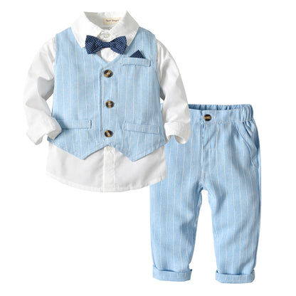 Boys' Long-Sleeve Shirt, Textured Waistcoat & Trouser Set | 3-Piece Bow Tie Suit in Stripe, Plaid & Solid