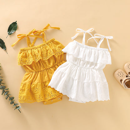 Baby Girl Eyelet Lace Tie-Strap Romper Dress (Yellow or White)