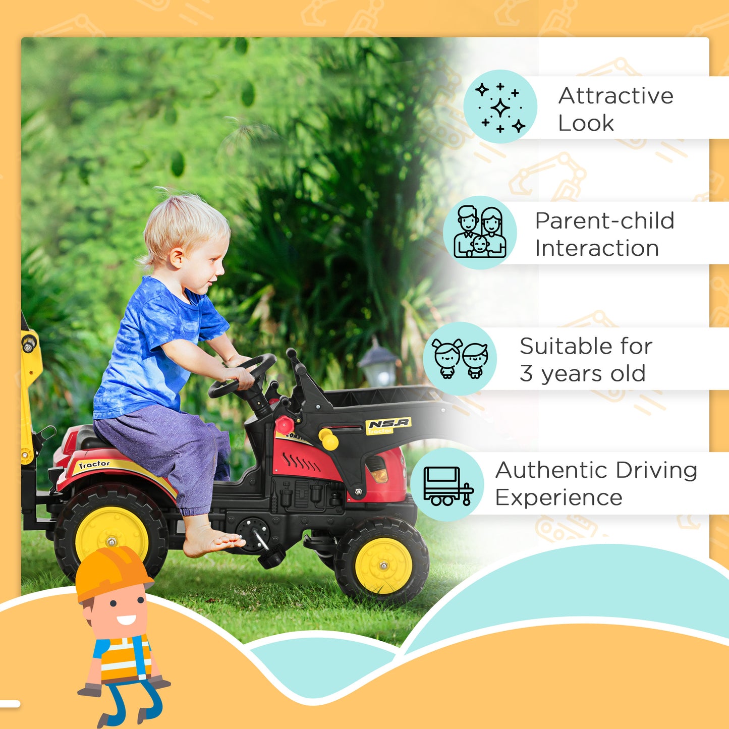 Kids Pedal Excavator Ride-On Toy With Detachable Trailer – Ages 3-6