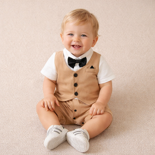 Baby Boy Gentleman Romper with Bow Tie – Classic Dressy Jumpsuit for Special Occasions