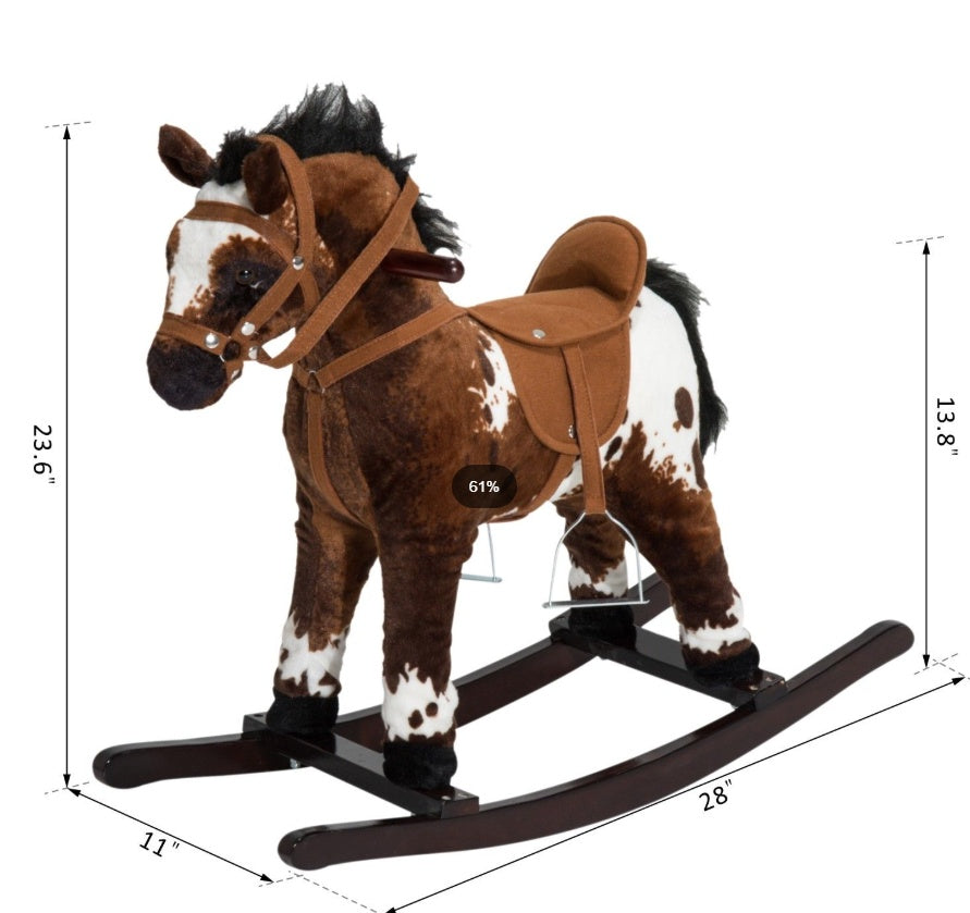 Rocking Horse Plush Ride-On Toy with Nursery Rhyme Music – 18-36 Months, Light Brown/White