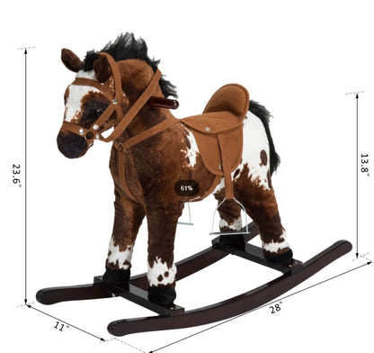 Rocking Horse Plush Ride-On Toy with Nursery Rhyme Music – 18-36 Months, Light Brown/White