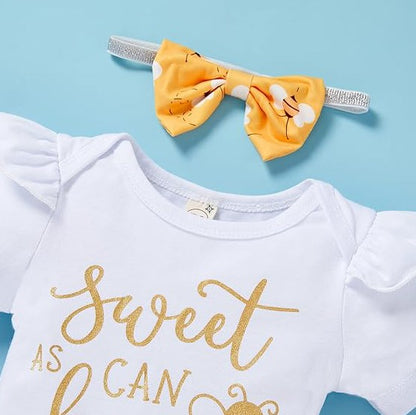 Infant Baby Girl “Sweet Bee” 3-Piece Outfit Set – Letter Print Romper, Bee Pants & Bow Headband