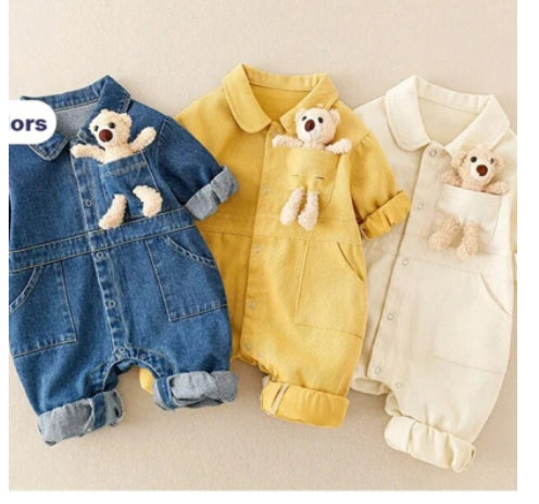Baby Denim Jumpsuit with Teddy Bear – High-Quality Cotton Romper for Infants