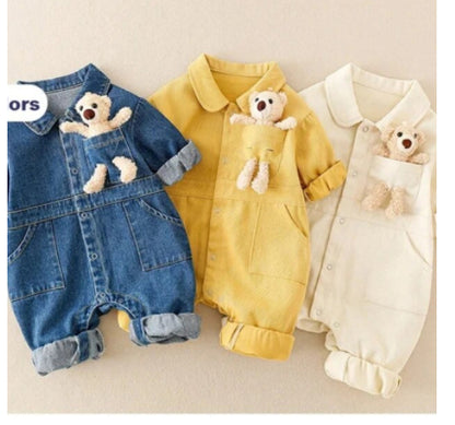 Baby Denim Jumpsuit with Teddy Bear – High-Quality Cotton Romper for Infants