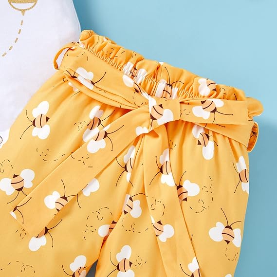Infant Baby Girl “Sweet Bee” 3-Piece Outfit Set – Letter Print Romper, Bee Pants & Bow Headband